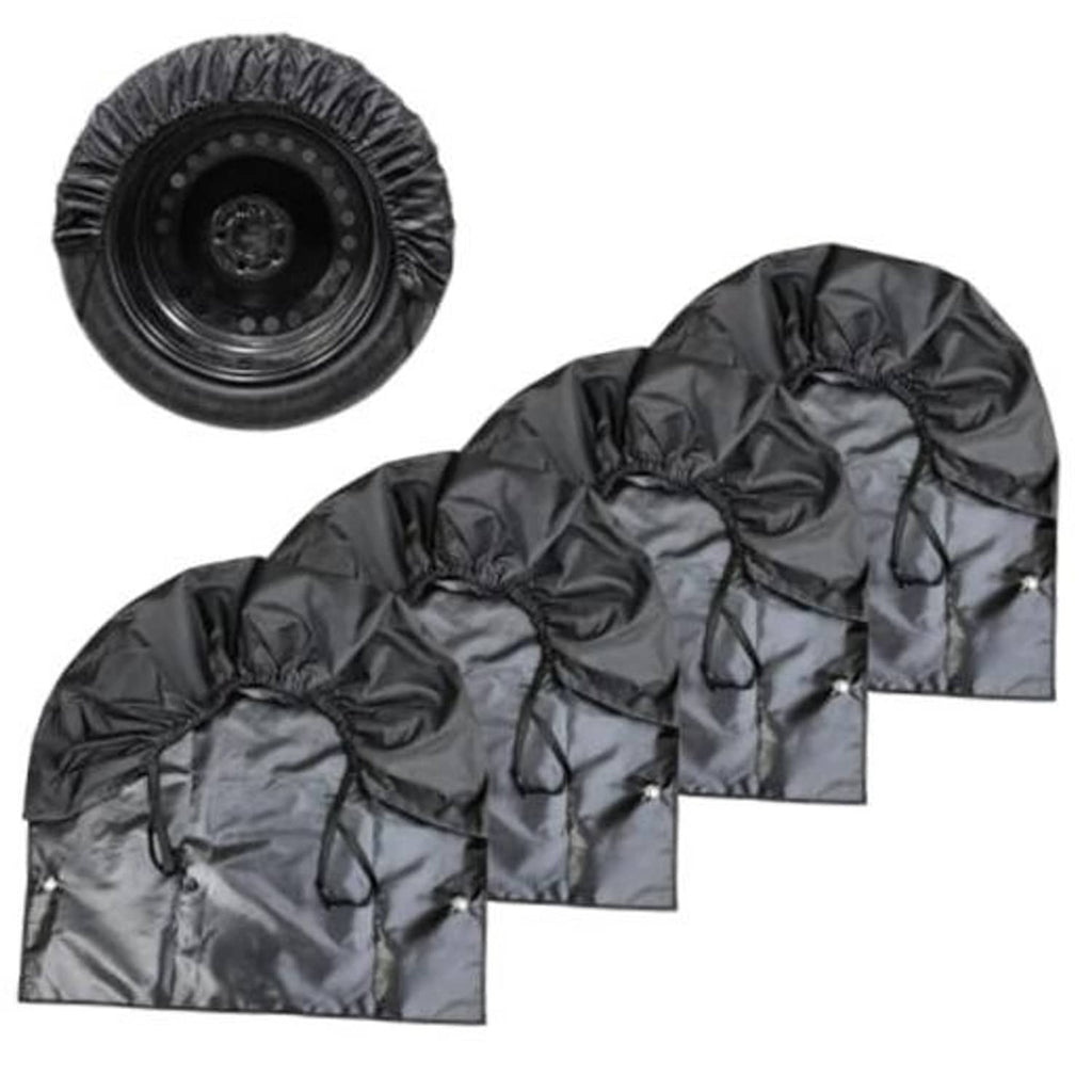 Set of 4 black RV tire covers with ruffled elastic rim and drawstring ties