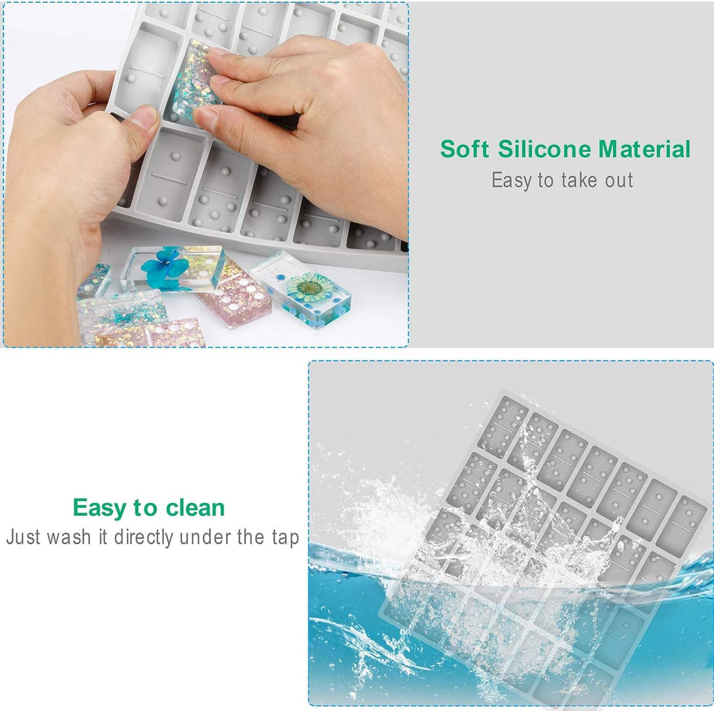 Gray silicone domino mold tray with hand pulling out glitter resin piece, flexible fit