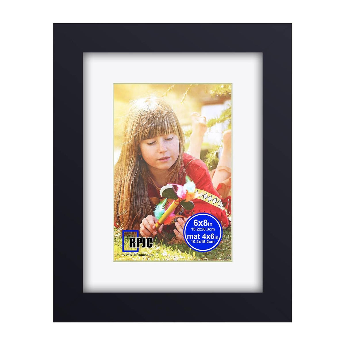 Black wooden picture frame with white mat and portrait photo under glass