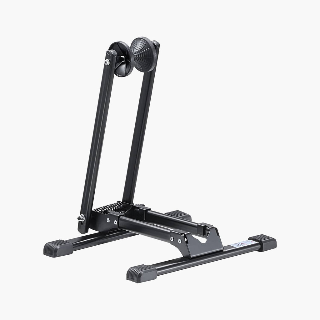 Collapsible black bicycle stand with front wheel cradle and foldable base legs