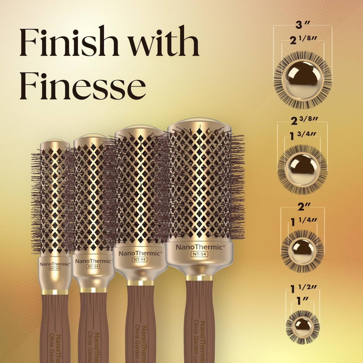Four round ceramic hair brushes with gold mesh barrels and chocolate handles, grouped set.