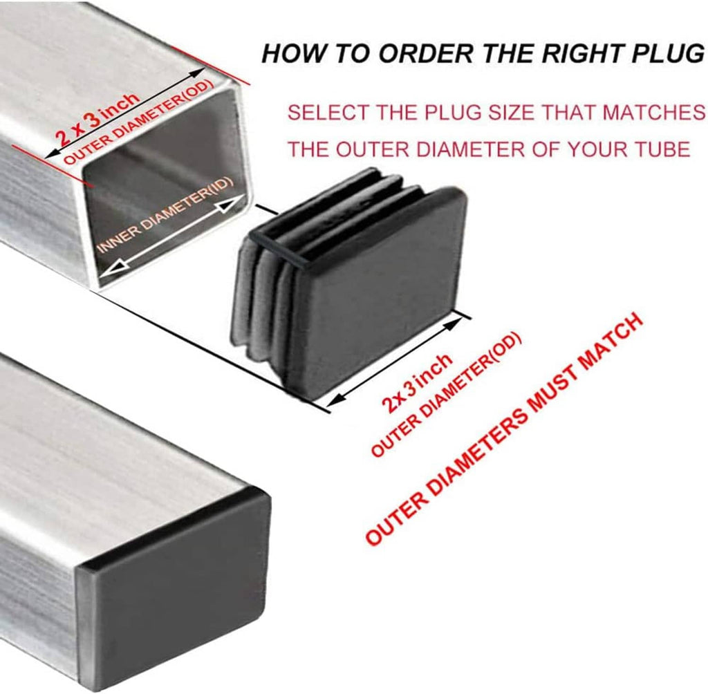 Black rectangular tube plug insert end cap showing fit on a tube end