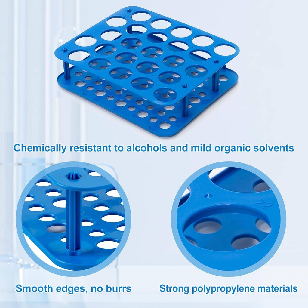 Blue plastic centrifuge tube rack with smooth circular openings and two-tier posts