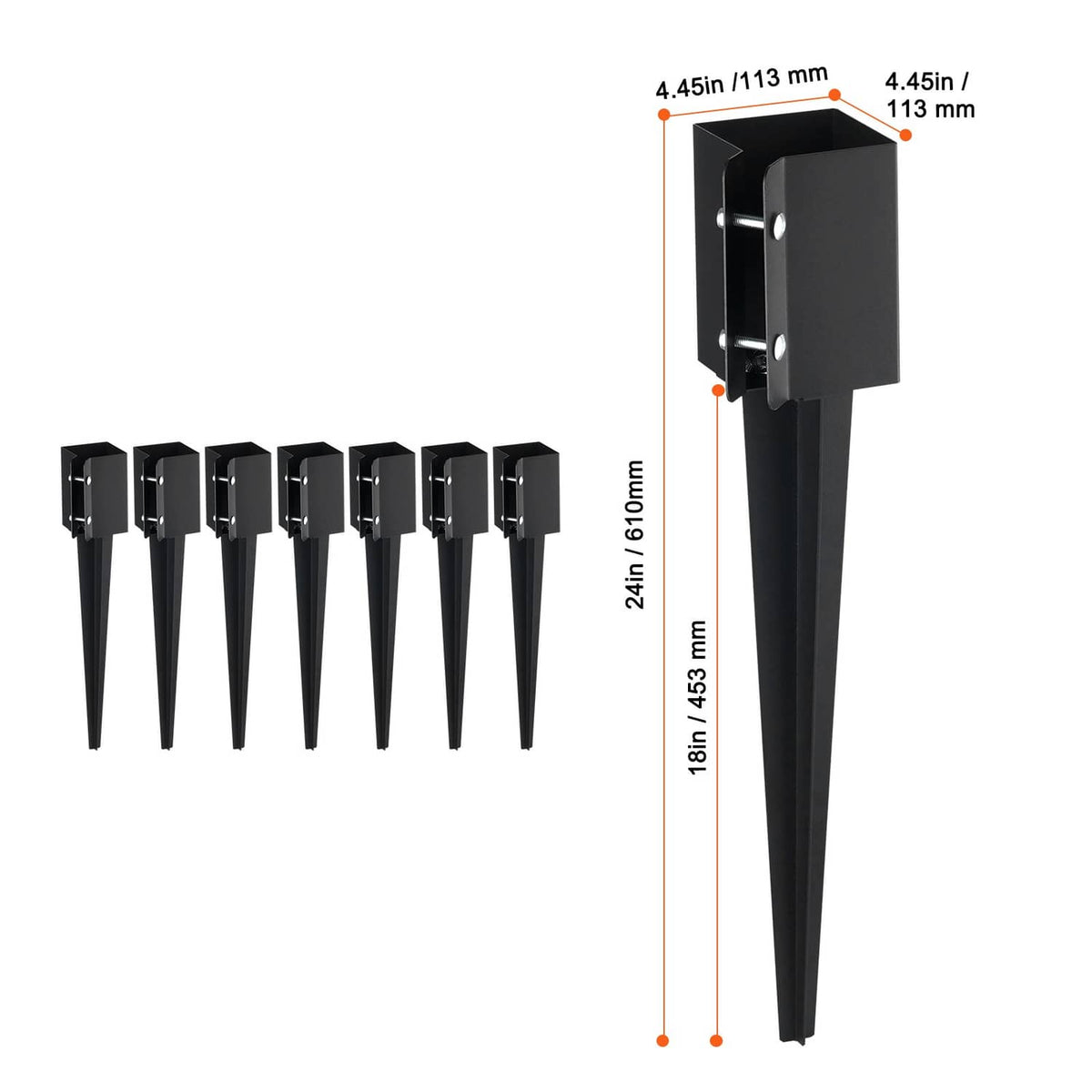 Set of 8 black metal ground spikes with square mounting brackets.