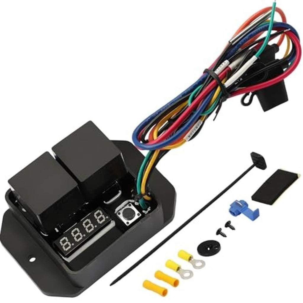 Digital radiator fan controller kit with LED display, wiring harness, and terminal parts