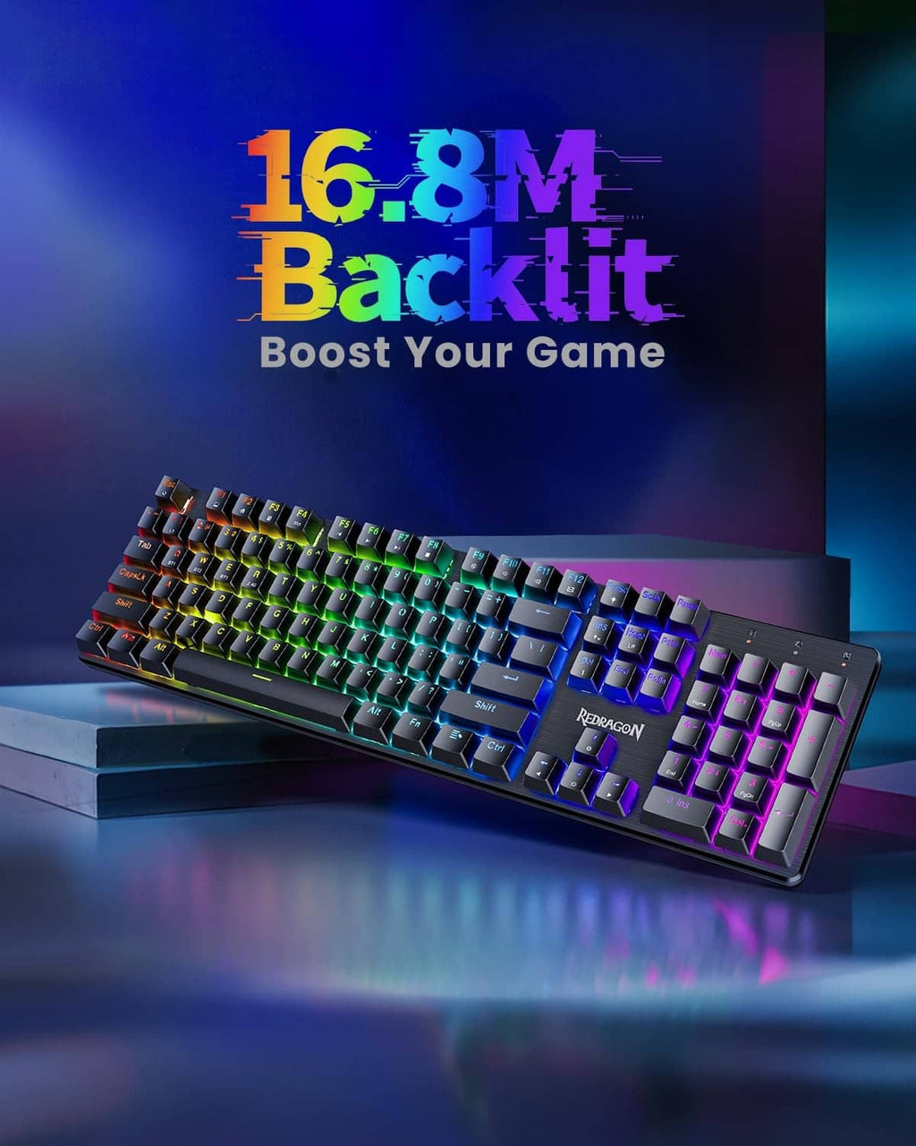 Redragon mechanical gaming keyboard angled view, multicolor RGB backlighting on black keys.