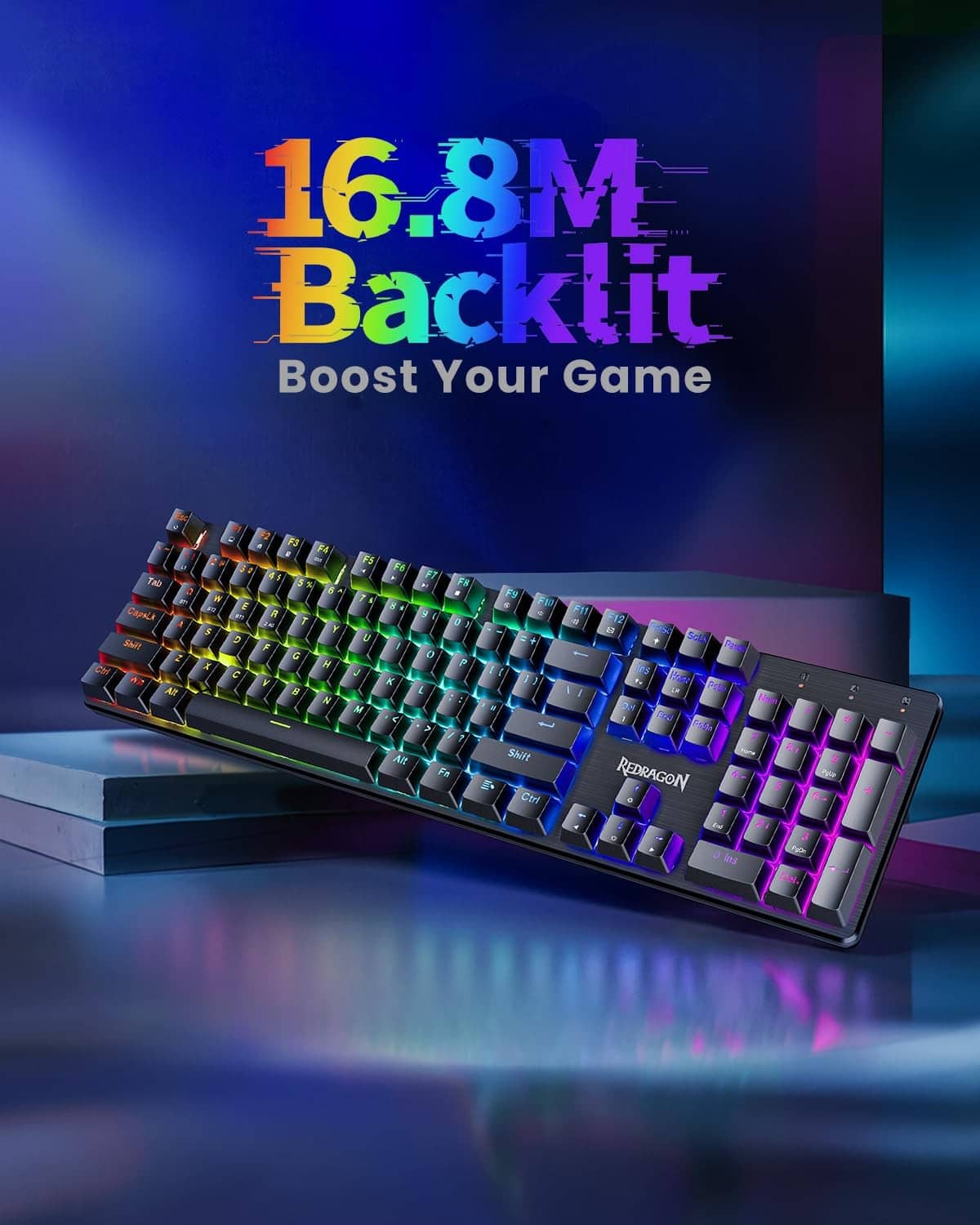 Redragon mechanical gaming keyboard angled view, multicolor RGB backlighting on black keys.