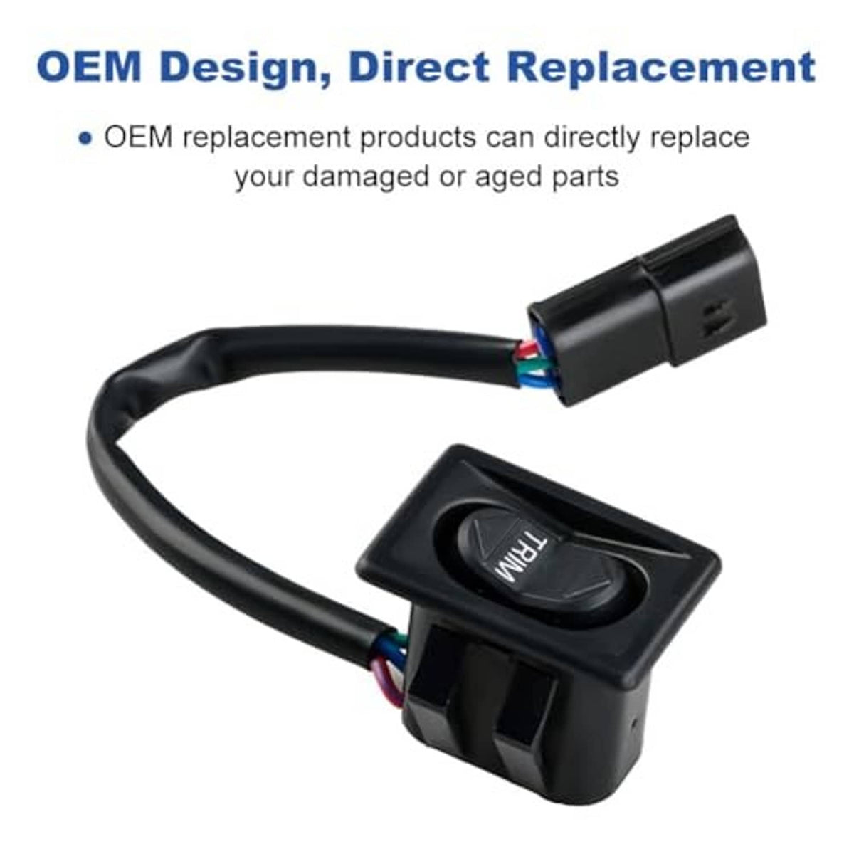 Black trim tilt rocker switch with attached wire and connector end