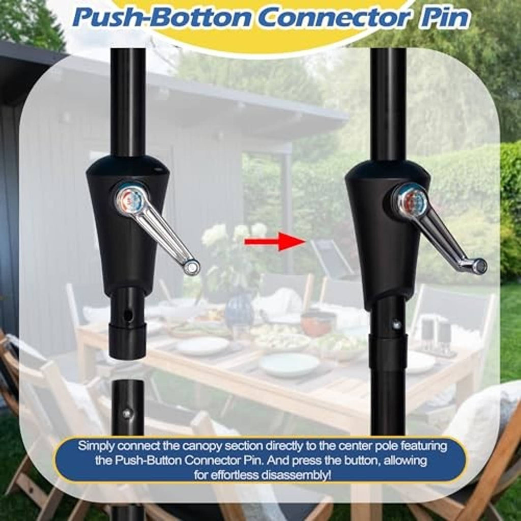 Umbrella pole push-button connector pin for canopy attachment on a black mechanism