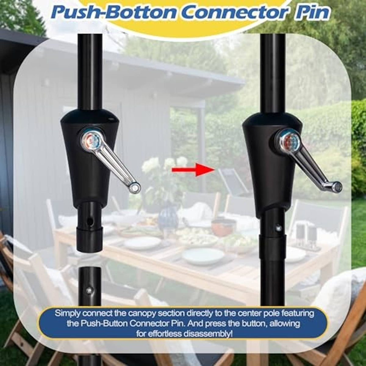 Umbrella pole push-button connector pin for canopy attachment on a black mechanism