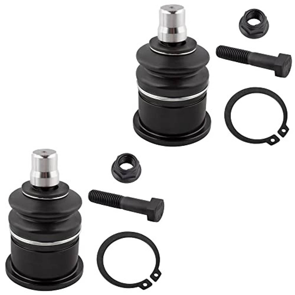 Two front upper ball joints with black boots, silver studs, plus rubber and metal fasteners