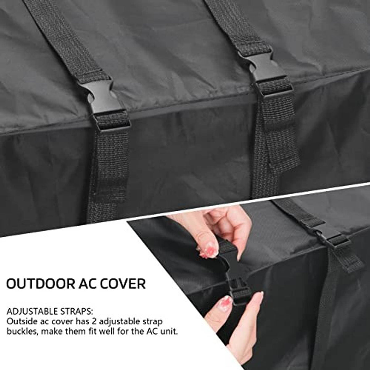 Outdoor window AC cover with adjustable webbing straps and buckle closures.