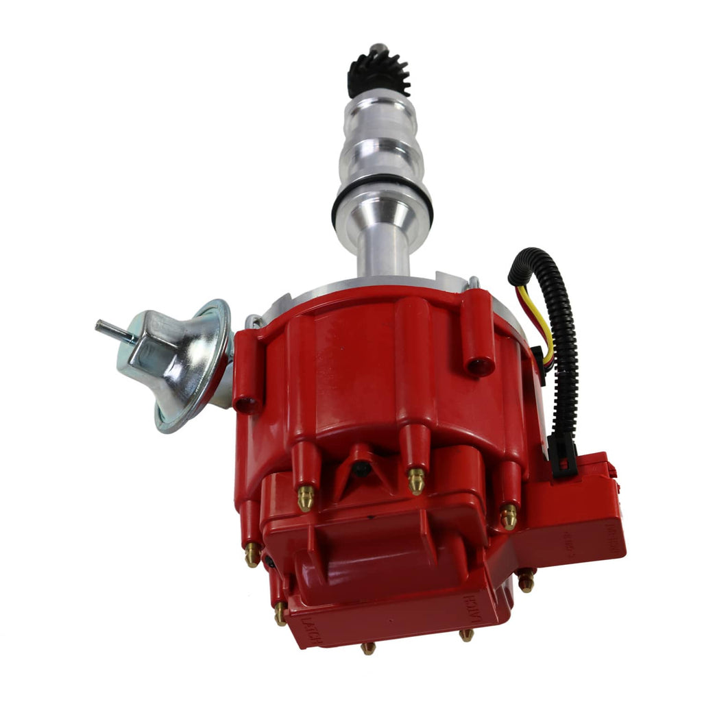 Red ignition distributor with metal shaft, side vacuum arm, and attached wiring harness
