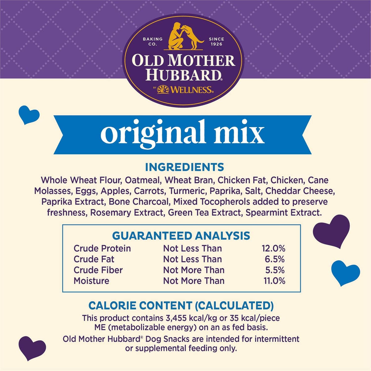Original mix ingredients and guaranteed analysis with protein, fat, fiber, moisture