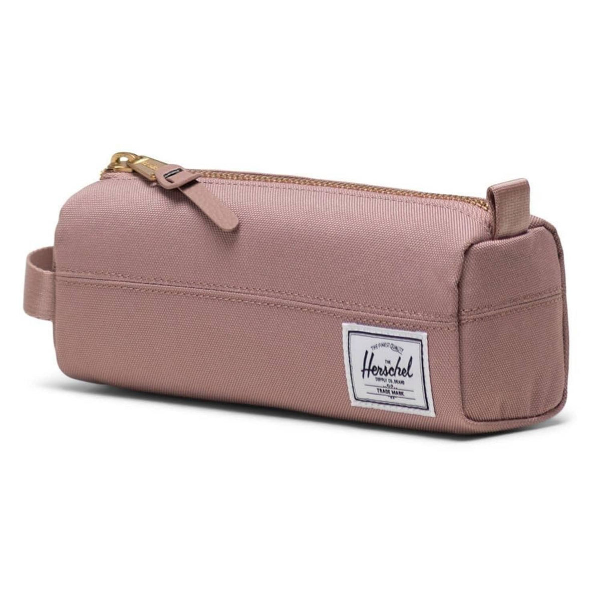 Ash rose pencil case with long zipper, Herschel logo patch, and side loop