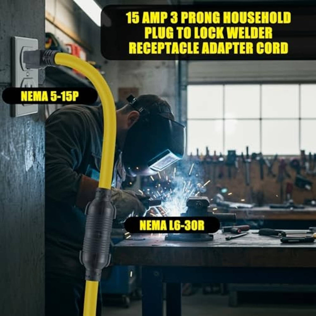 Yellow welding adapter cord with black 5-15P plug and L6-30R connector