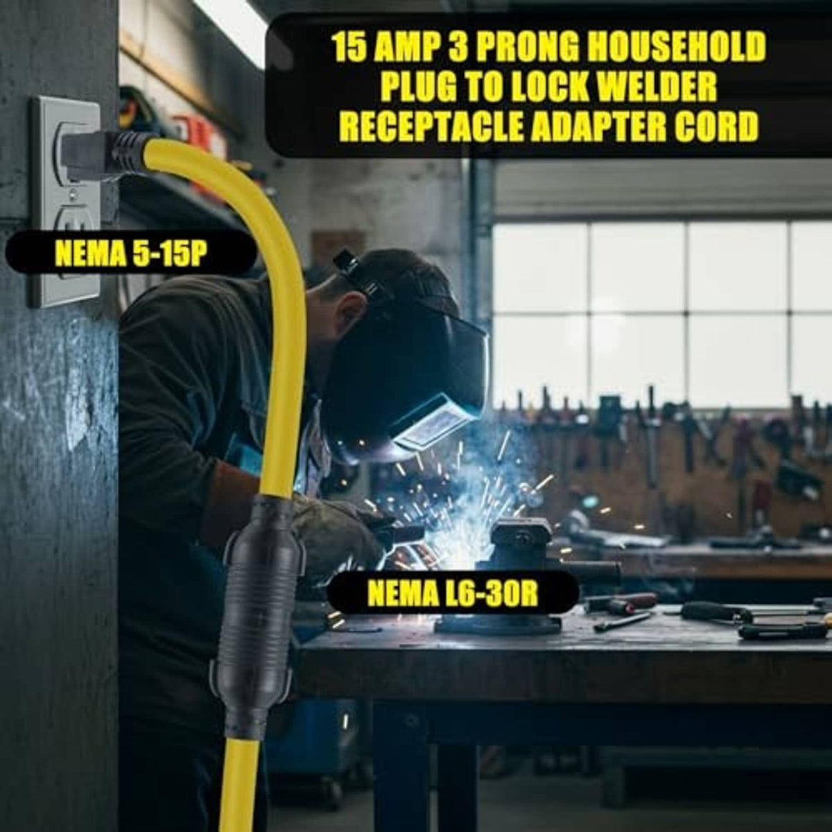 Yellow welding adapter cord with black 5-15P plug and L6-30R connector