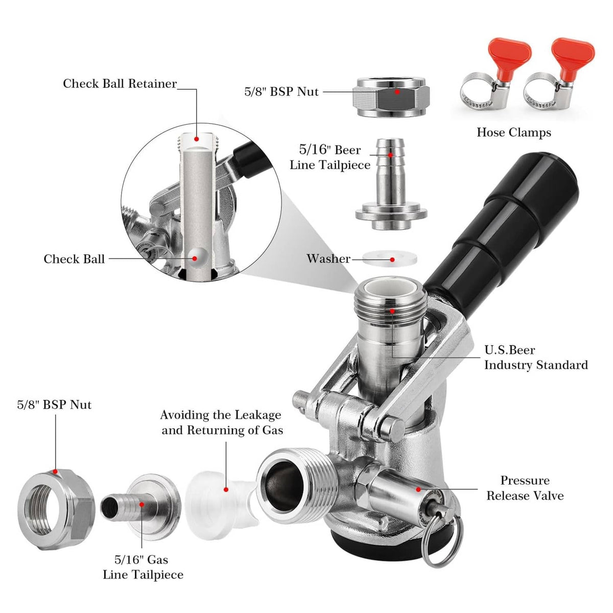 Keg coupler D system with stainless probe, pressure release valve, and hose clamps