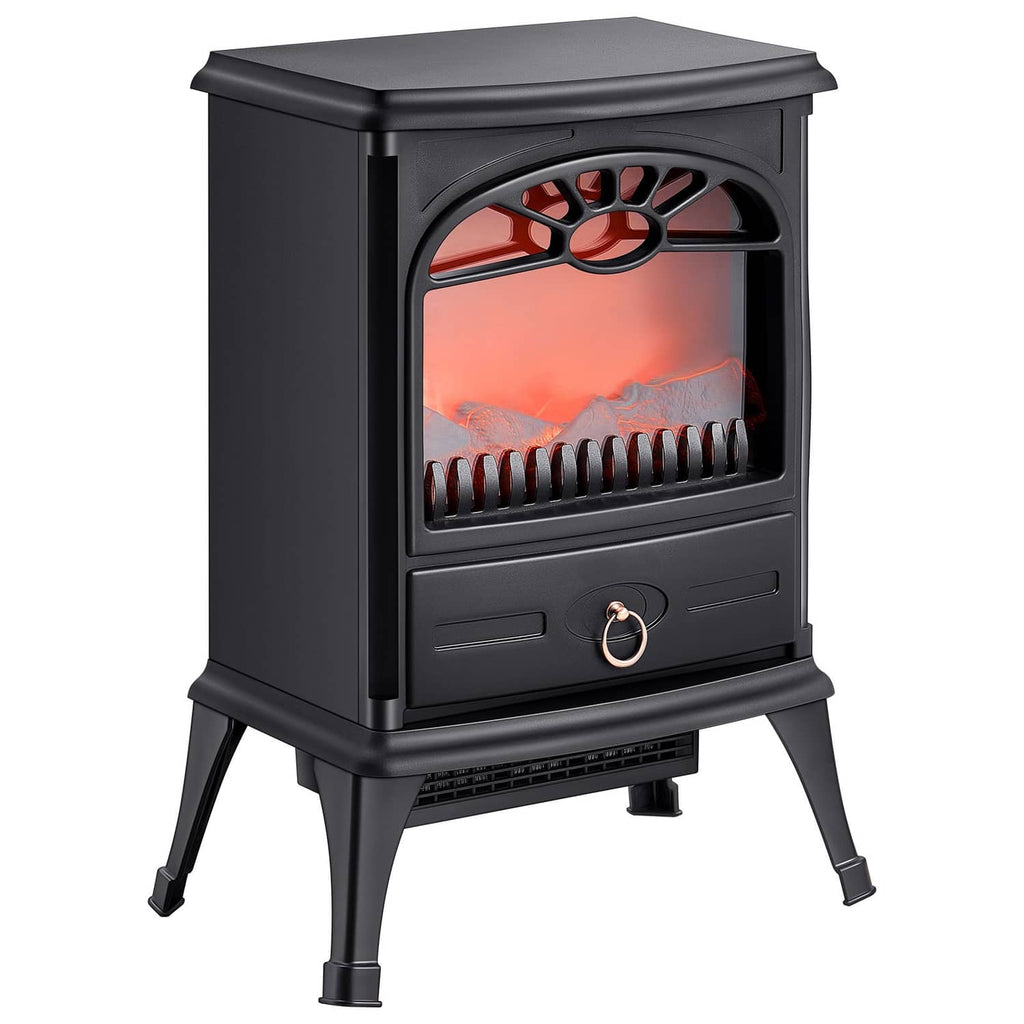 Black freestanding electric fireplace heater angled view with flame effect and control knob