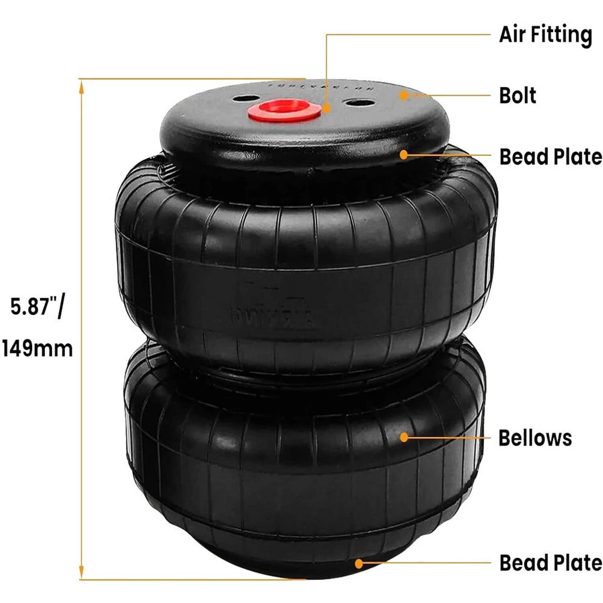 Air suspension bag pair with red valve caps and labeled height and bead plate points