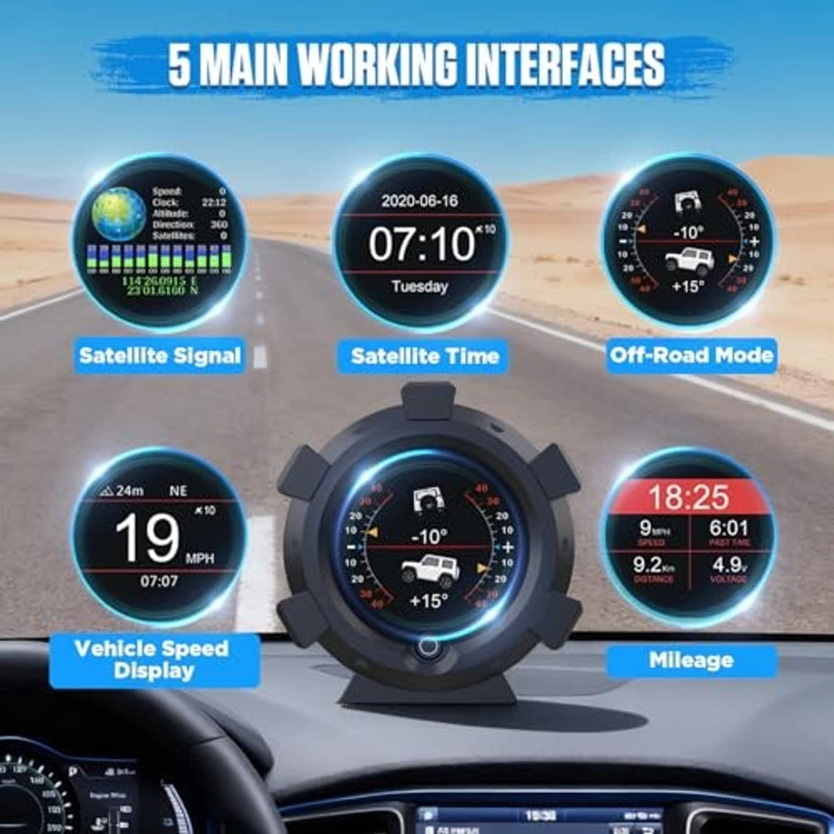 Circular GPS speedometer HUD inclinometer showing -10° and +15° with MPH scale