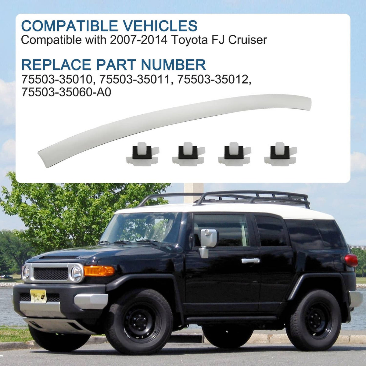 Front windshield upper reveal molding, light gray curved panel with clip set
