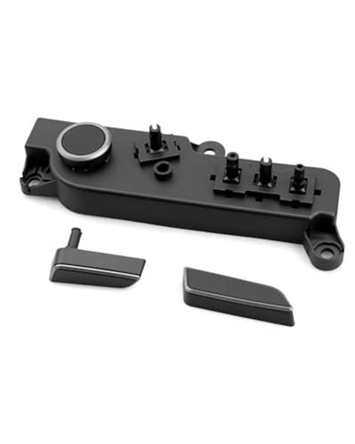 Black power seat switch with round button, rocker levers, and connector terminals