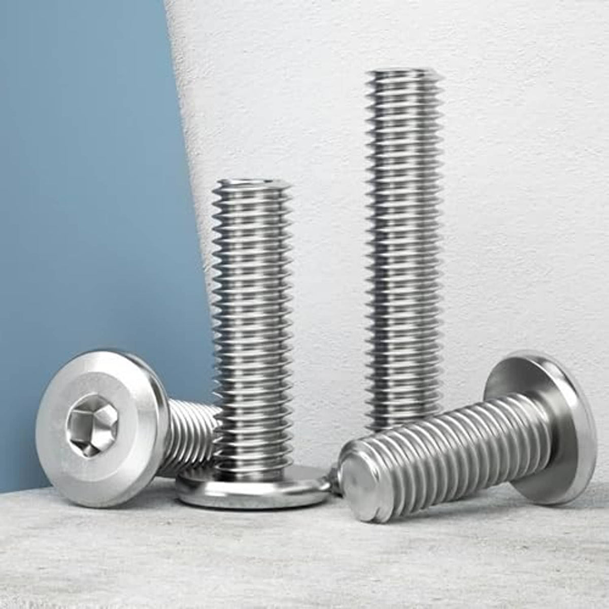 Set of stainless steel socket cap screws with hex socket drive and flat countersunk heads