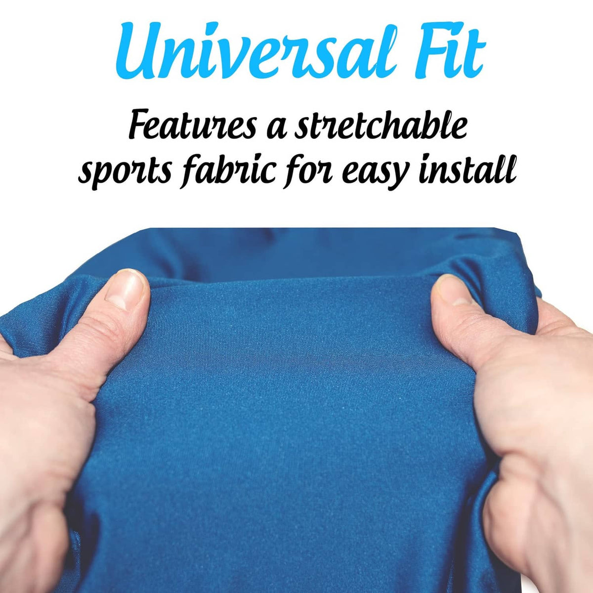 Stretchable blue sports-fabric cover material, held between hands.