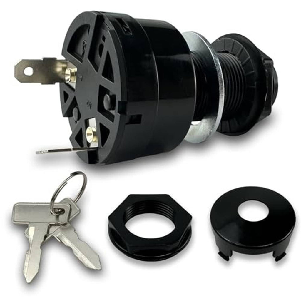Black ignition key switch with mounting tab, two metal keys, and black nut and cap