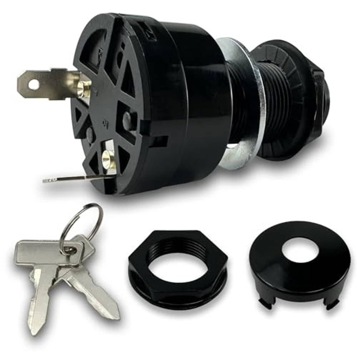 Black ignition key switch with mounting tab, two metal keys, and black nut and cap