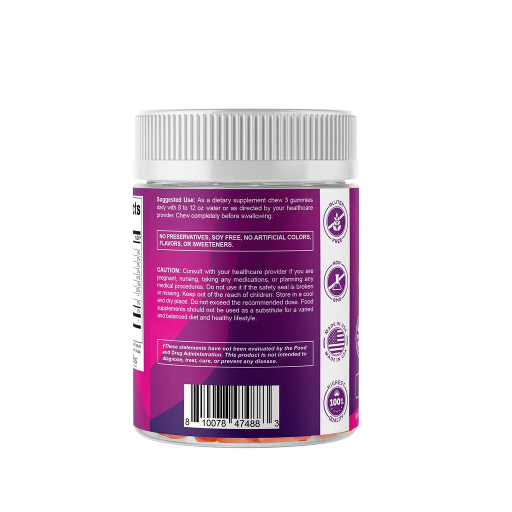 Back label view of Vitamatic fiber 7g gummy bottle with directions and seals