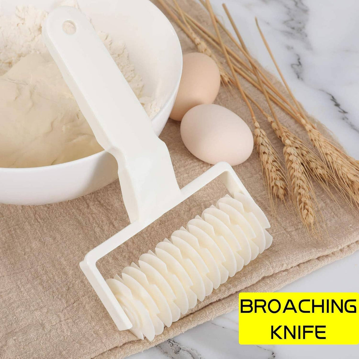 Lattice dough roller cutter tool creating ridged dough strips near eggs