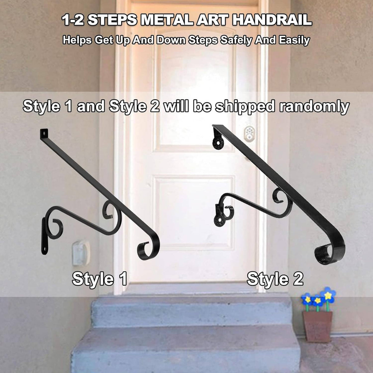 Wall-mounted metal stair handrail for 1–2 steps with curved end grip options