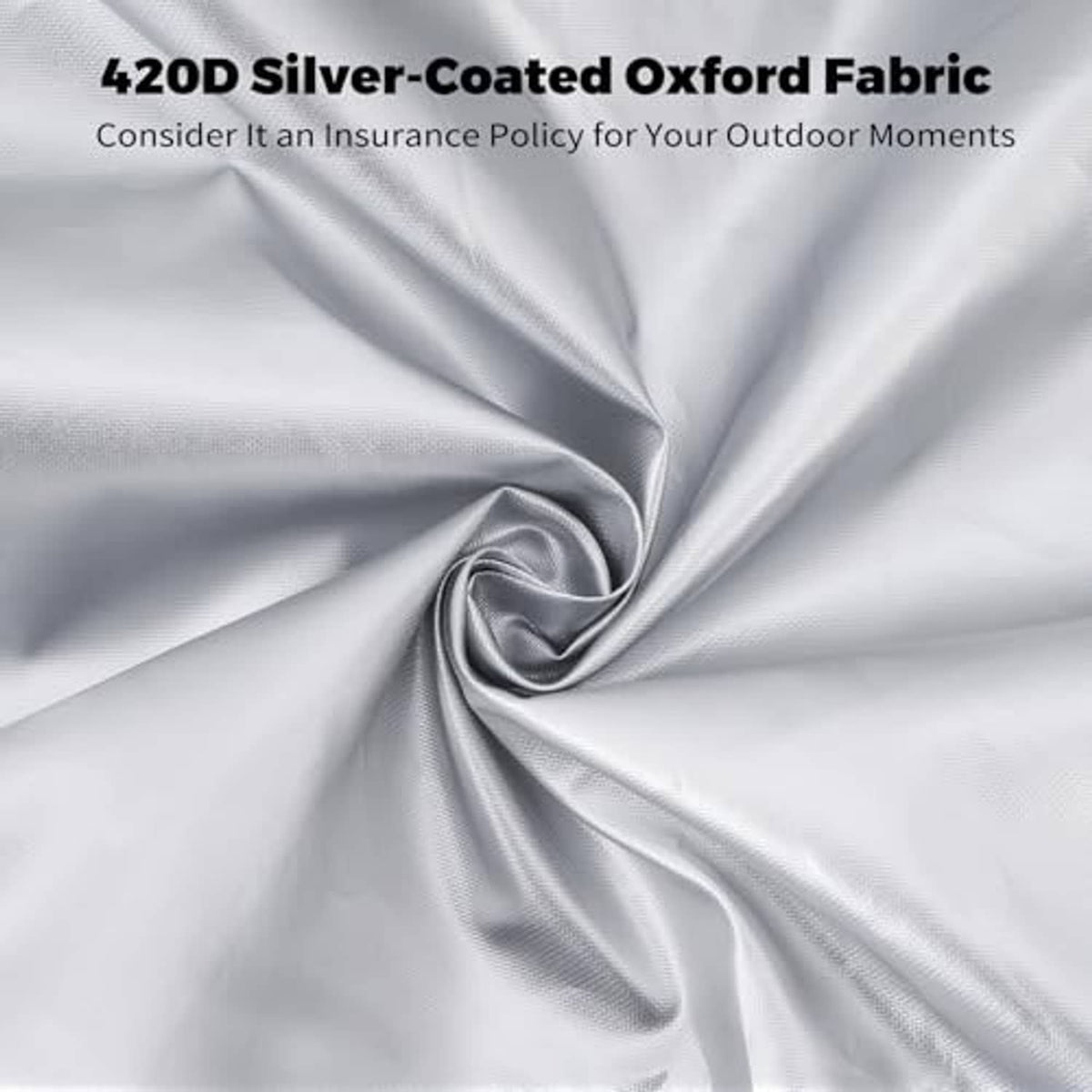 Silver-coated white oxford fabric canopy top cover material in folded texture close-up
