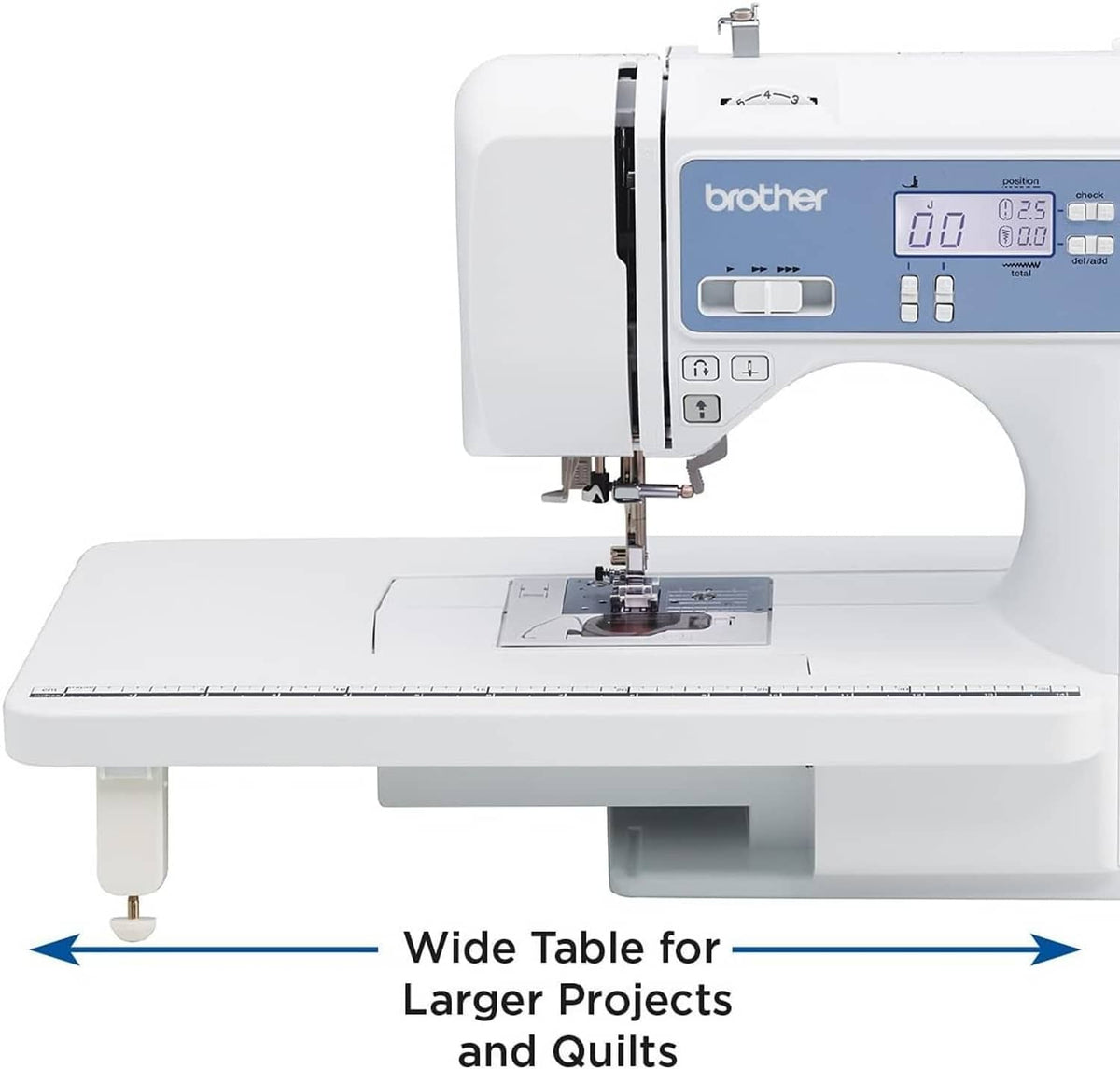 White computerized sewing machine with wide table for larger projects and quilting