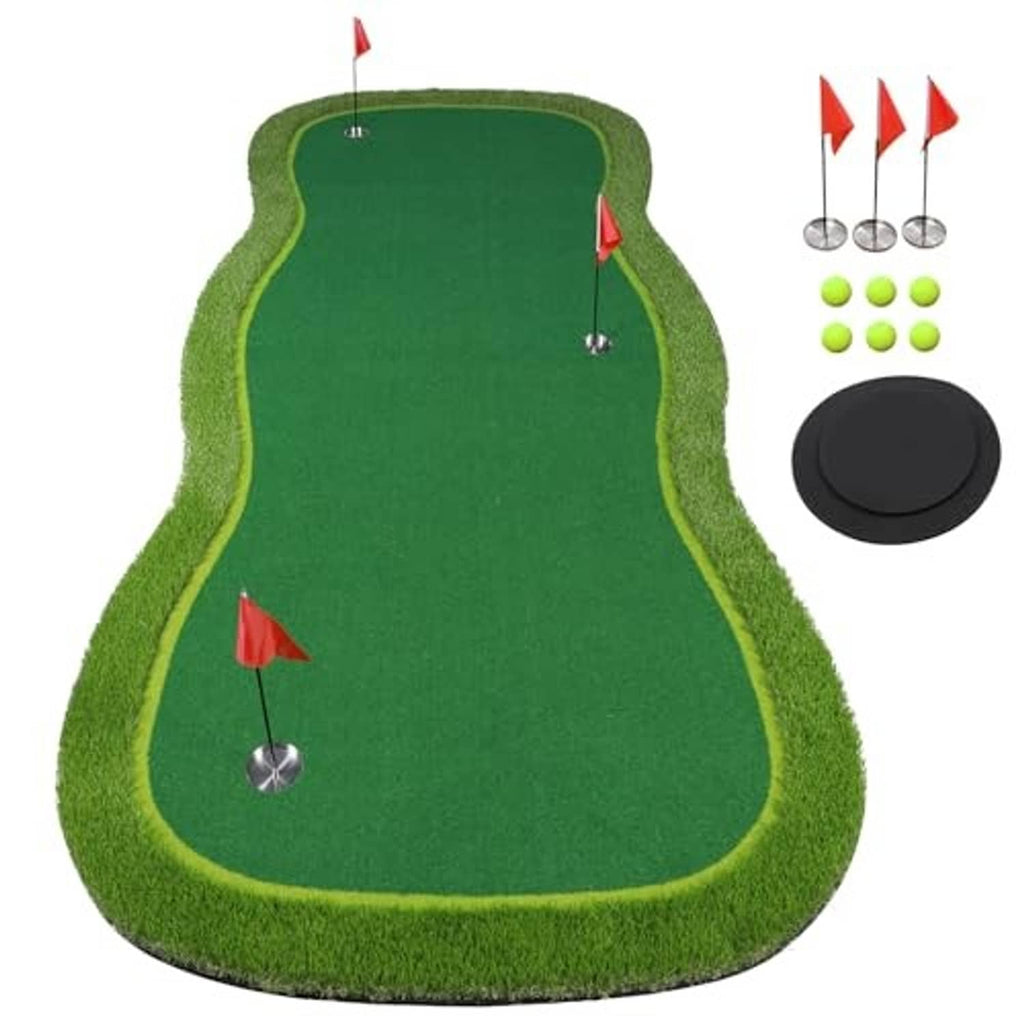 Artificial golf putting green mat with embedded cups and red flag markers