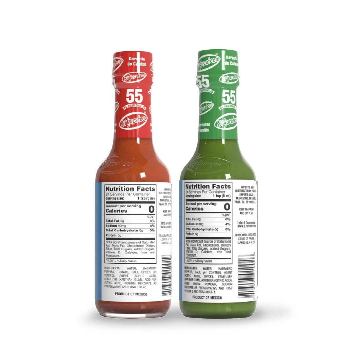El Yucateco chile habanero hot sauce bottles showing nutrition facts on red and green