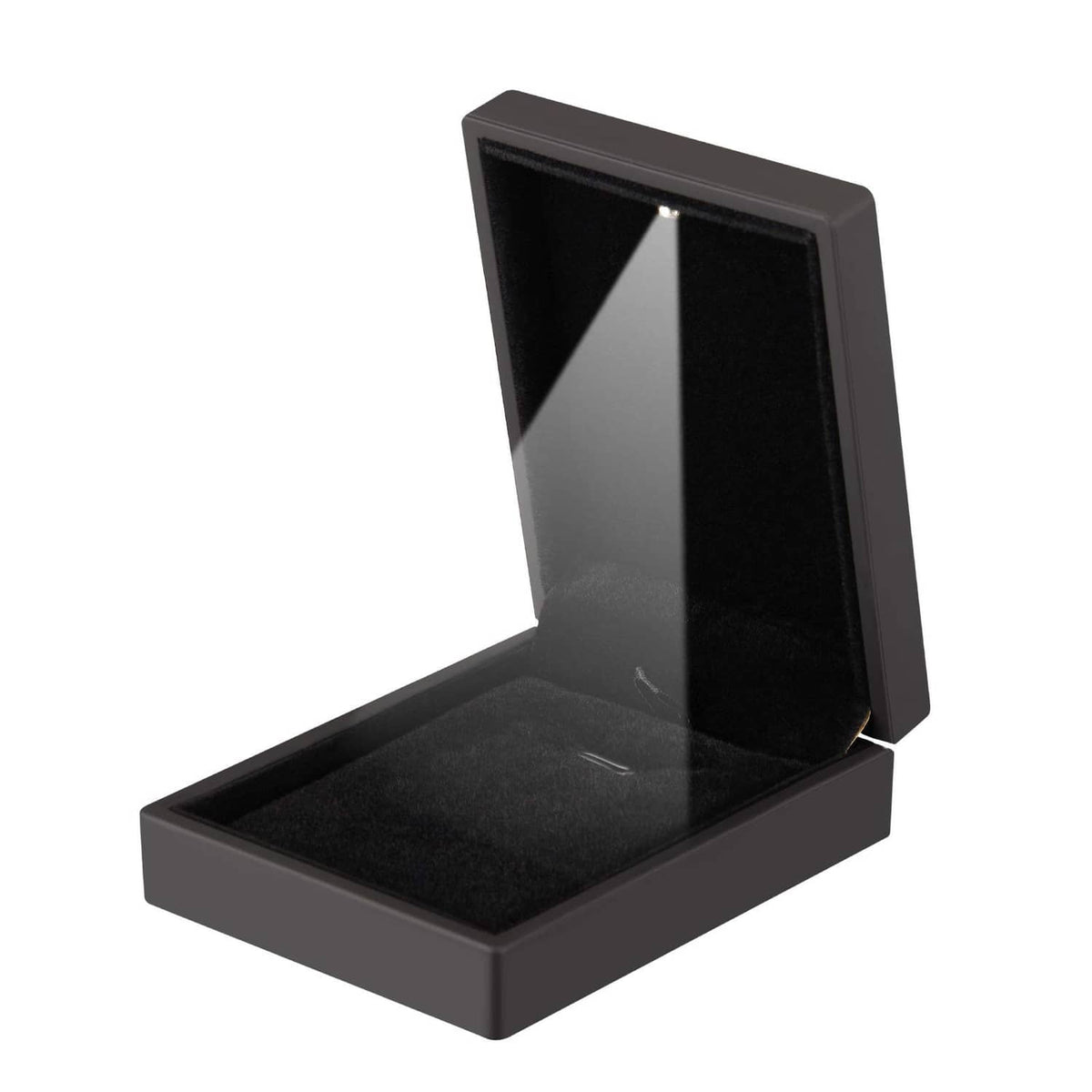 Black velvet jewelry display box with open lid and empty velvet insert