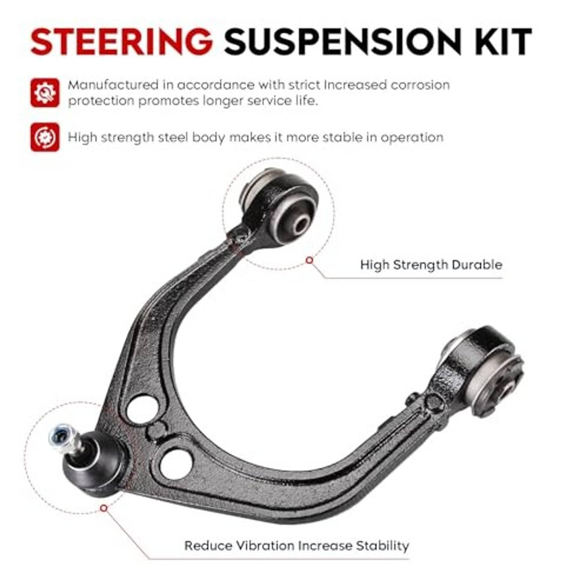 Front upper control arm with ball joint hardware, rubber boots, shown in diagram