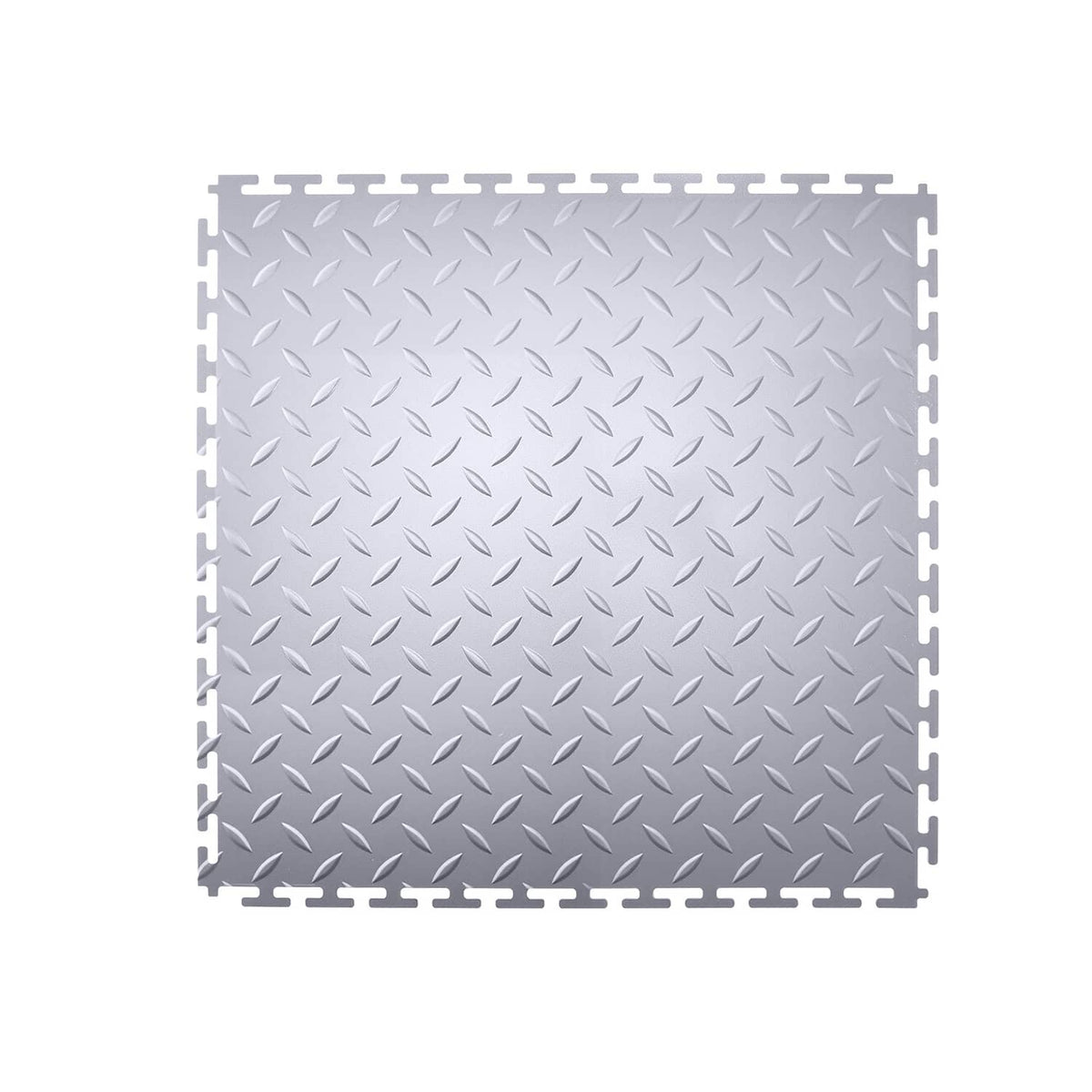 Silver interlocking garage floor tile set with PVC diamond plate texture and snap edges