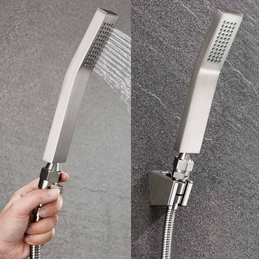 Handheld shower head hose with fixed shower flow control valve and brushed metal finish