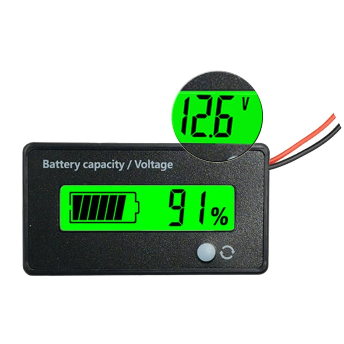 Battery capacity/voltage LCD meter displaying 12.6V and 91% capacity in green