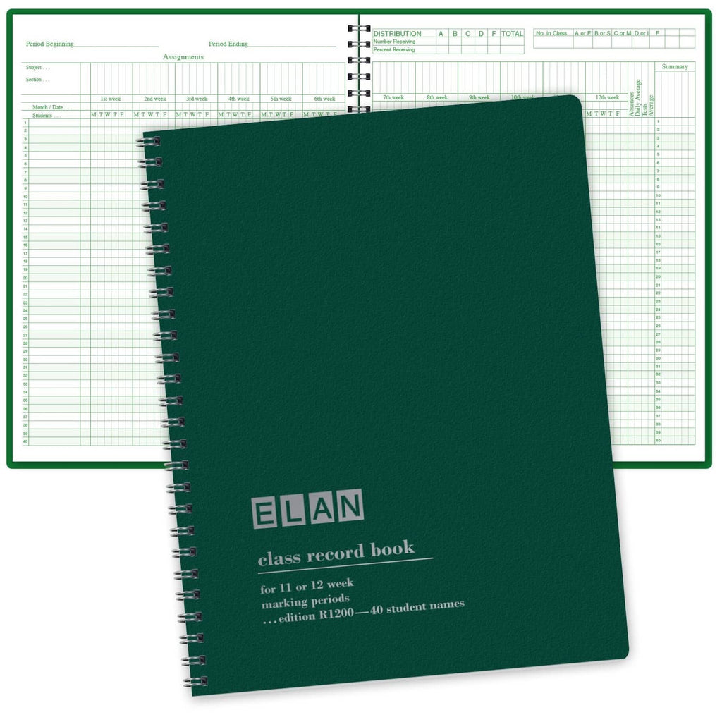 Green ELAN class record book with spiral binding and front cover text