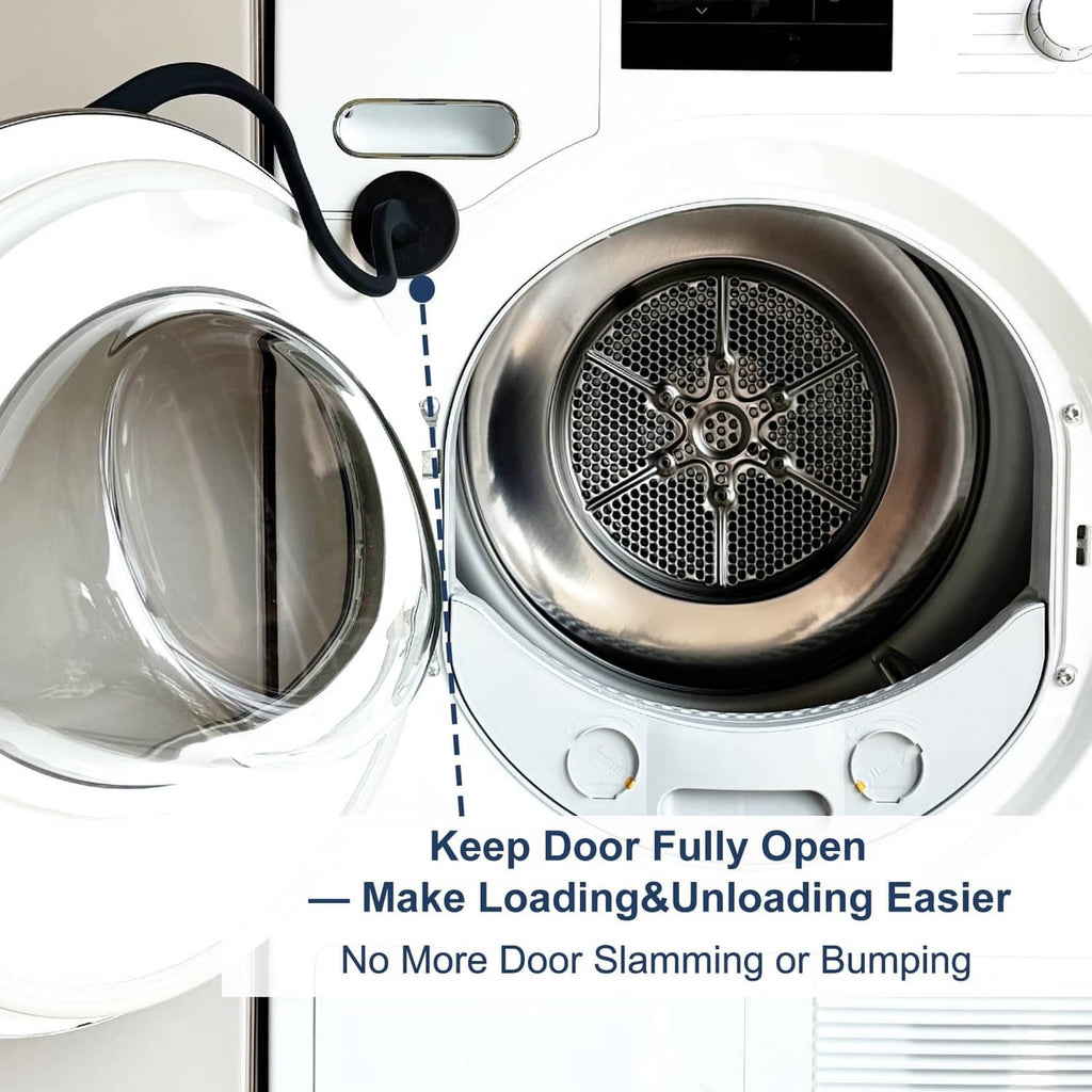 Washer door with black flexible prop resting against the open door