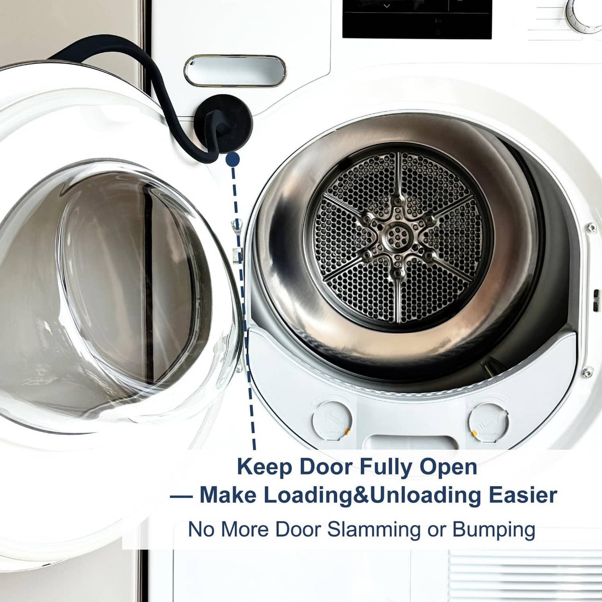 Washer door with black flexible prop resting against the open door