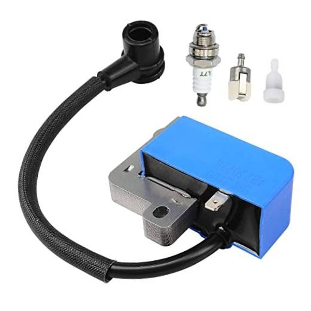 Ignition coil module with blue housing, black wire lead, spark plug and insulator parts