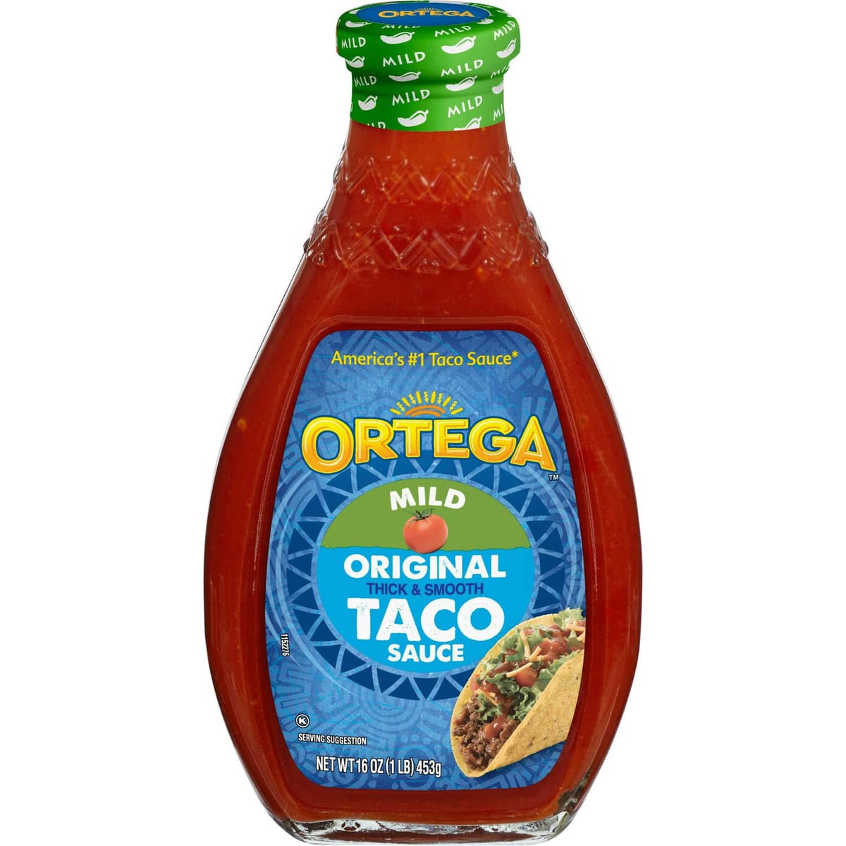 Ortega mild taco sauce bottle, Original Thick & Smooth, front label
