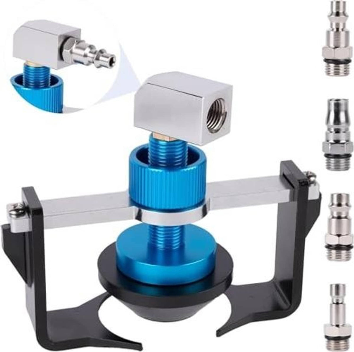 Universal brake bleeder adapter kit with blue cylinder, gray clamp, and four quick-connect fittings