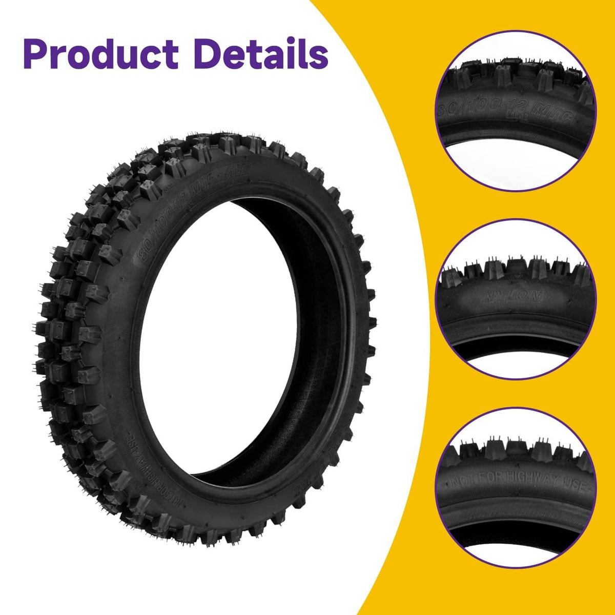 80/100-12 dirt bike tire with knobby tread blocks and thick sidewall